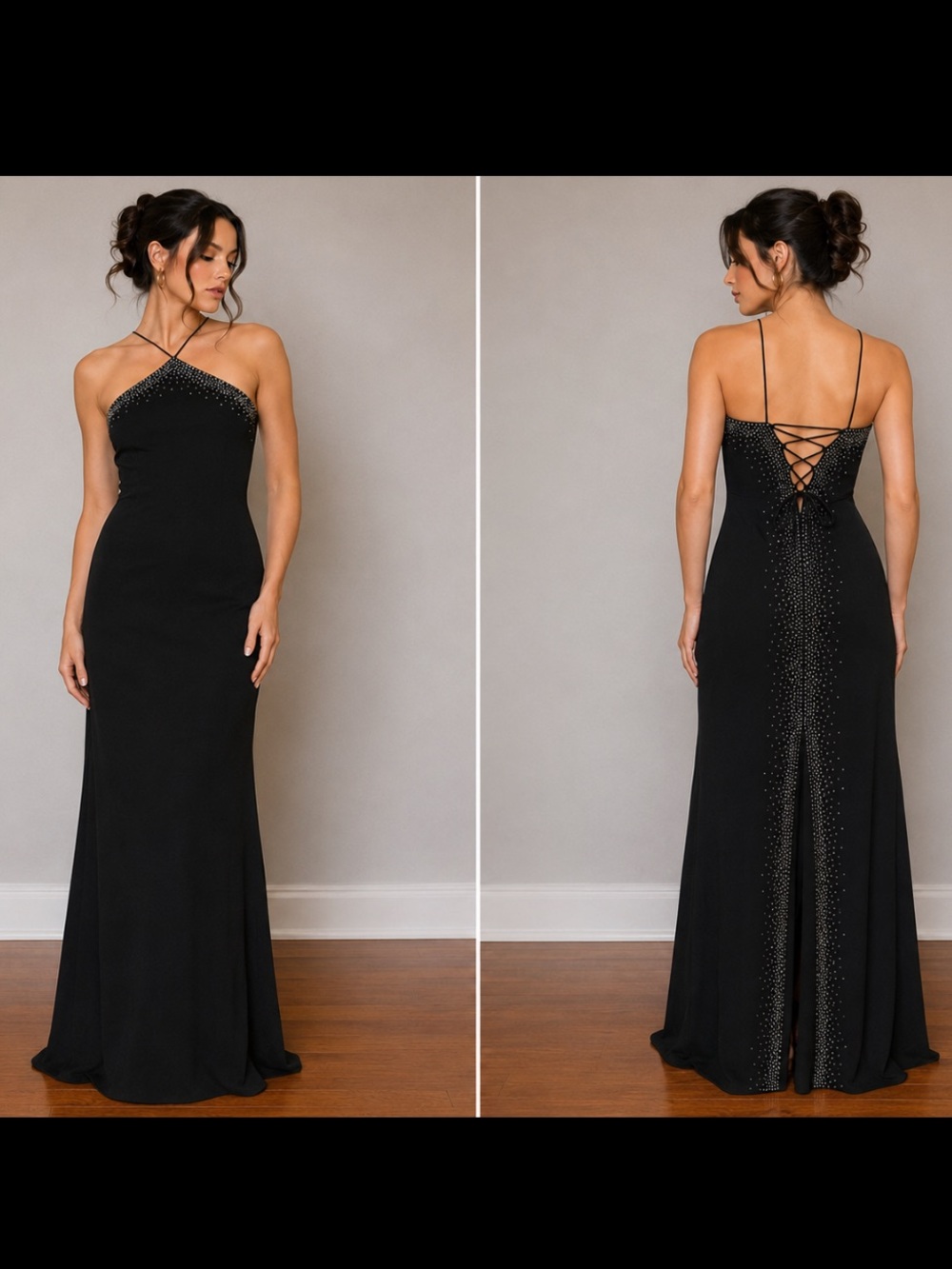 Vintage 1990s Black Rhinestone Beaded Maxi Dress Size 1/2